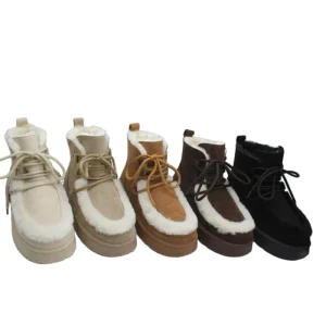 Lady’s Fashion-Forward Suede Upper Injection-molded Snow Boots with Plush Decoration Pu Midsole & Lining Winter