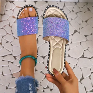 Large Flat Shiny Diamond Women’s Sandals and Slippers 108 Breathable One Line Fashion Home Sandals and Slippers