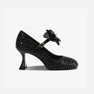 Large Size 45 Square Toe Rhinestone Ankle Strap Satin Women’s Chunky High Heels Bow for Banquet Parties