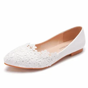 Large Size Bridal Shoes White Pointed Toe Slip-On Lace Flower Thick Heel Comfort Height Increasing Casual Flat PU Women’s Plus