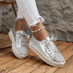 Large Size Casual Shoes Women’s Flat Diamond Inlaid Strap Slip Resistant and Waterproof Thick Sole Women’s Sports Skate Shoes