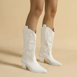 Large Size Chunky White Cowboy Boots for Women Western Style Mid Calf Ankle Boots Pointed Toe High Waterproof Autumn Winter