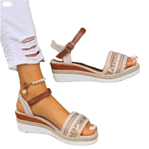 Large Size Comfortable Summer Outdoor Wedge Sandals Simple Fashion Thick Soled High Heels Straw Weave Rubber Sole