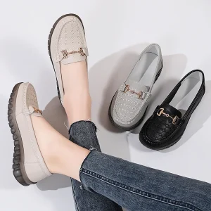 Large Size Genuine Leather Women’s Toe Soft Soled Rubber Outsole Slip On Casual Autumn Fashion Trend No