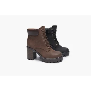 Large Size High Heeled Boots Black Pointed Toe Thick Heel Lace Up Women’s Short Boots