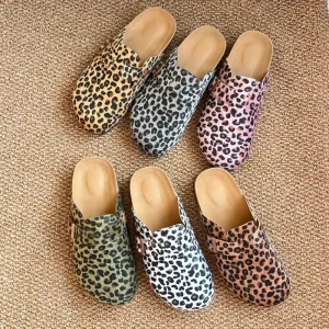 Large Size Horsehair Leopard Print Women’s Sandals Retro Closed Toe Half Sandals Leather