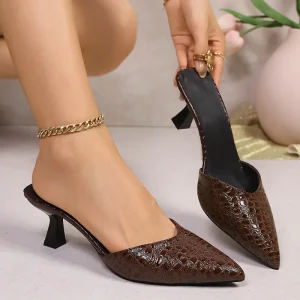 Large Size PU Mid-Heel Mules Women’s High Quality Sandals Pointed Toe Stiletto Heels in Plus Size