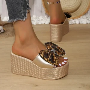 Large Size Sandals Summer New Fashion Word Bow Slippers Thick Bottom Wedge Outer Wear Cool Women231