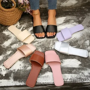 Large Size Slippers Candy Color Square Head Flat One Word Slippers Women Shoes