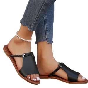 Large Size Summer Steel Toe Women’s Solid Color Woven Cotton Mules for Daily Beach Use