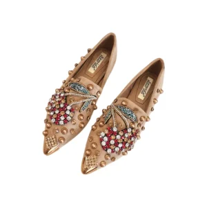 Large Size Women’s Closed Toe Slip-on Solid Mary Jane Flats Deep Mouth Rivet Cherry Rhinestone Pointed Head Net Fashion Trend