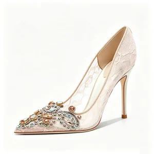 Large Size Women’s Designer Wedding Evening Crystal High Heels Elegant Rhinestone Bride Mesh Lace Pumps Evergreen Soft