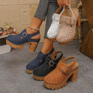 Large Size Women’s Shoes 74 Outdoor New Retro Frosted Thick Soled Toe Slippers Summer Hollow Breathable High heeled Sandals
