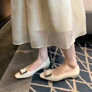 Large Sizes 35 45 Women’s Elegant Metal Square Buckle Flat Low Heeled Pumps Shallow Mouth Invisible Office Work Shoes