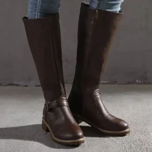 Large Solid Color Boots for Women in Autumn and Winter Round Toe Double Zipper Thick Heel Low Heel Calf Leather Boots