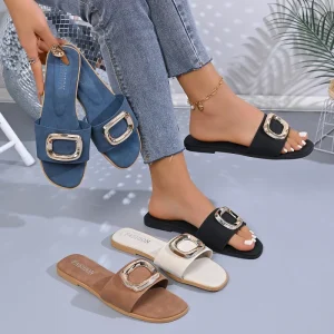 Large-size Slippers for Women New Style European Fashion Metal Buckle Decoration Open-toe Women’s Style Slippers