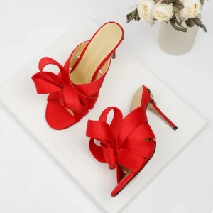 Latest Stylish Mules Sandals Women Satin High Heels Open Toe Stilettos Big Bowtie Summer Rubber Insole