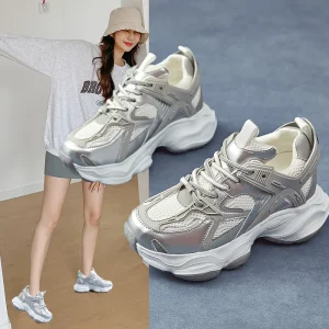 Leisure Thick Bottom Torre Women’s Shoes Genuine Leather Anti Slip Winter Silver Sneakers Autumn New Increase of 8cm
