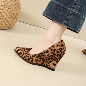 Leopard Print Wedge High Heel Slip On Pointed Toe PU Midsole Shallow Mouth Rubber Outsole Simple Casual Women’s Shoes