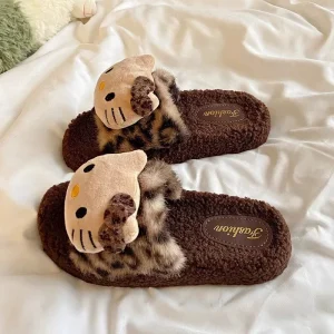 Leopard Print Women’s Slippers Autumn Winter Household Indoor Non-slip Cute Outdoor Warm Slippers Transfer Sticker