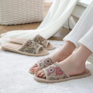Lightweight Linen Indoor Summer Women’s Breathable Anti-Slip Mules Recyclable TPR Outsole Beach Sandals Customized Color
