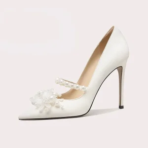 Lily Wei Agent Wanted High Heels Women’s Stiletto Heel Pointed Toe White Pearl Bridal Satin Wedding Shoes