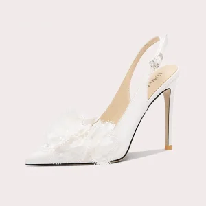 Lily Wei Women’s Elegant White Lace Dress Shoes Ankle Strap Button Hard-Wearing Stiletto Pointed Toe