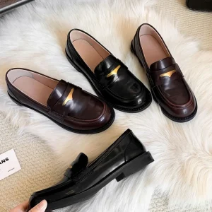Loafers Women Autumn Retro Chunky Heel Slip-On Interview Shoes British Style Leather Single-Layer Shoes
