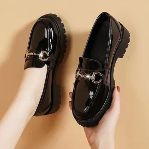 Loafers Women’s Thick Soled Soft British Style Genuine Shoes Black Thick heeled Shoes