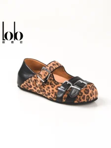 Lob Leopard Print Mary Jane Flats with Genuine Leather Upper Buckle Closure & Adjustable Strap Comfortable
