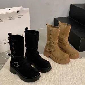 Logo Custom Autumn Knee High Boots Suede Leather Wide Fit Thick Sole Women Chunky Boots With Straps
