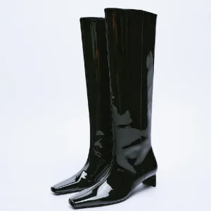 Long Boots Women’s Knee High Knight Boots Patent Leather Small square Head Thick High Heels Thin Boots