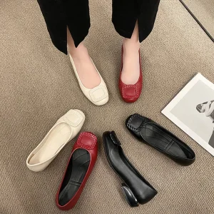 Low Block Heel Comfy Stylish Work Office Flats Point Toe Women’s Court Pumps Shoes Party PU Upper Flat Shoes