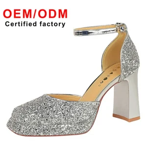 Luxury Design One strap Wedding Shoes square Toe Shallow Waterproof Platform Thick Heel High Heel Sequined Sandals for Women