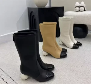 Luxury Designer Brand Women’s Knee High Boots Genuine Leather Pointed Toe Button Closure Lacquer Finish Med Heel Rubber Outsole