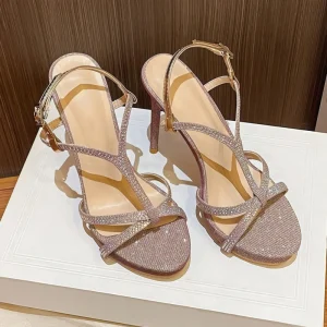 Luxury Designer European American Fashion Grit Upper Glitter Pointed Toe Super High Stiletto Heel Sandals Womens Ankle Strap
