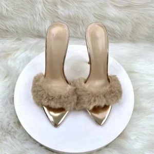 Luxury Designer Fashion Sandals European American-style Pointed-toe Champagne-colored Fluffy Stiletto Womens Heels