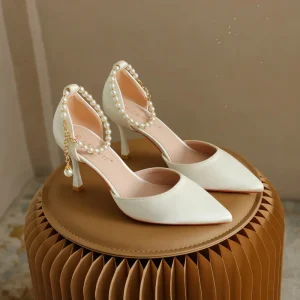 Luxury Designer French style Pearl embellished Pointed toe Heels Women’s Bridal Shoes 6-8cm Heel Height Elegant Pumps