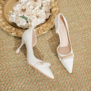 Luxury Designer Pearl studded Solid Microfiber Pointed toe Stiletto Heels Womens Low cut Versatile Elegant Pumps Weddings Formal