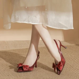 Luxury Designer Pointed toe Stiletto Heels Patent Leather Solid Womens Red Bow tie Slingback Pumps Versatile Wedding Shoes Work