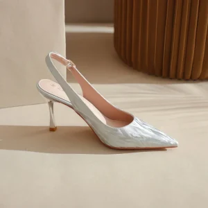 Luxury Designer Pointed toe Stiletto Heels Womens Silver Open heel Slingback Pumps Sequins Spring Versatile Elegant Low cut