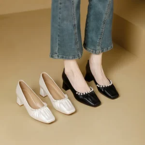 Luxury Designer Pumps Luxury Square toe Pleated Pearl Slip on Loafers with Microfiber Upper Rubber Outsole for Women