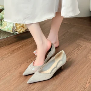 Luxury Designer Rhinestone French Mesh Upper Solid Stiletto Heel Women’s Elegant Bridal Shoes for Wedding Banquet Bridesmaid