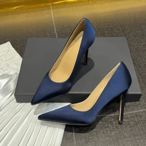 Luxury Designer Satin High Heeled Pumps Stiletto Heel 6-8cm Pointed Toe Blue Professional Shoes Slip On