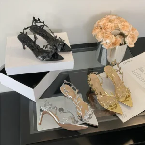 Luxury Designer Summer Golden Branch and Jade Leaf High Heels Women Light Luxury Sandals