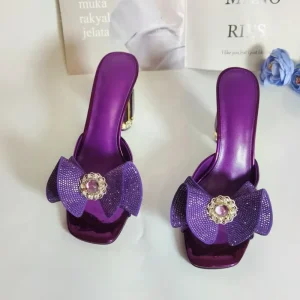 Luxury Diamond Rhinestone Crystal Beads Butterfly Flower Mules Women’s High Heel Genuine Leather Summer Sandals Open Back Rubber