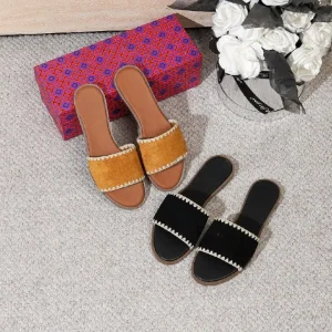 Luxury Fashion Designer Tb Slipper Summer Versatile Flat Slip On French Velvet Casual Women’s Slip On Sandals Open Toe Sandals