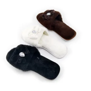 Luxury Faux Fur Women’s Open Toe for Sandals Anti Slip Big Butterfly Bow Design Soft Comfy Fluffy Autumn Winter