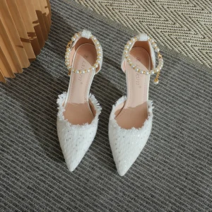 Luxury French style Pearl Sequin Heels Womens Pointed toe High Top Summer Elegant Pumps Versatile Workwear Shoes