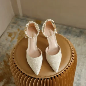 Luxury French style Pearl embellished Stiletto Heels Summer Solid Womens Banquet Wedding Shoes Versatile Low cut Pumps